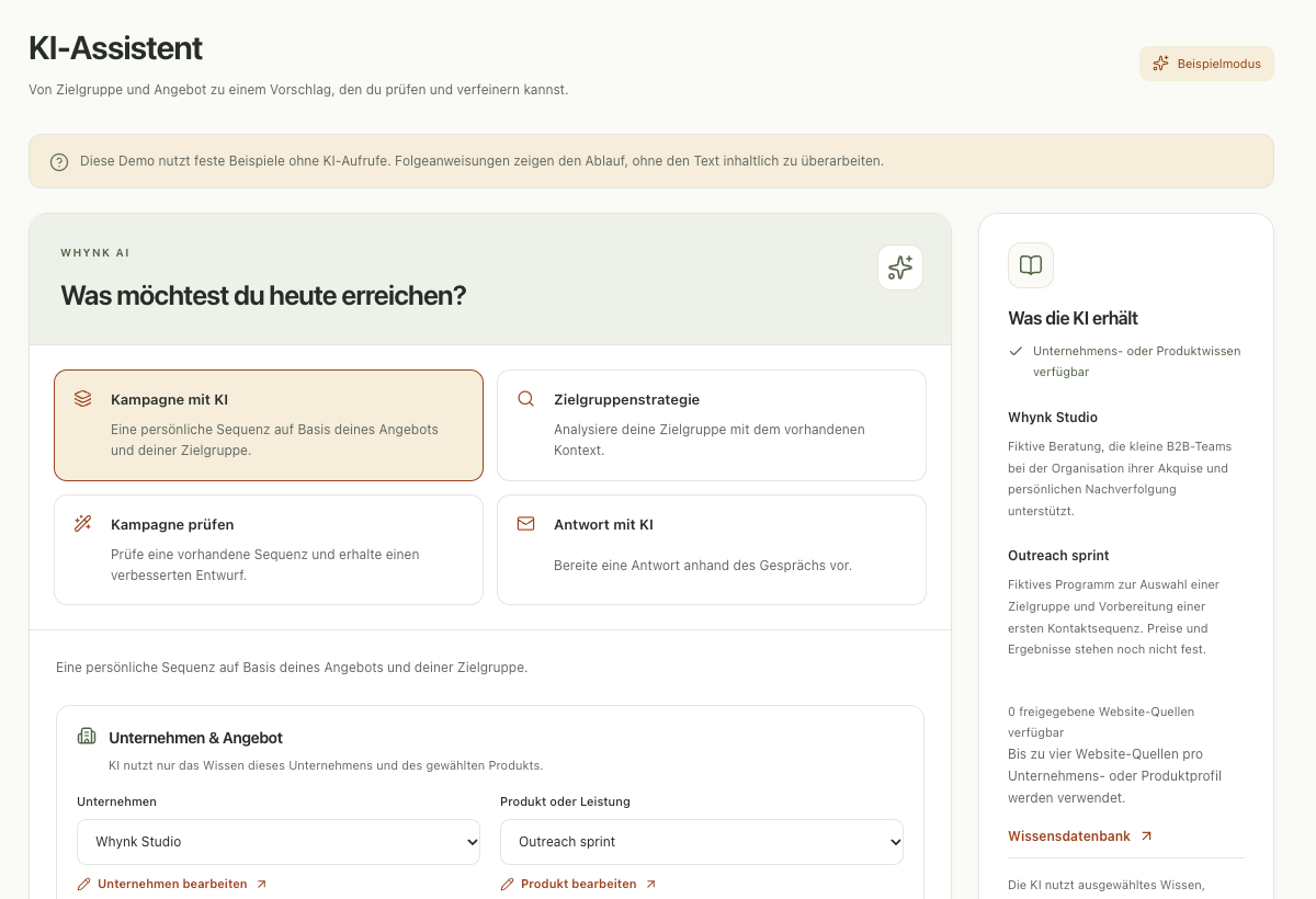 Echter Whynk-Bildschirm mit KI-Aufgaben und Wissen zum gewählten Unternehmen und Angebot