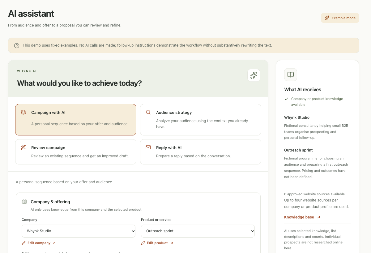 Real Whynk screen showing AI workflows and knowledge of the selected business and offer