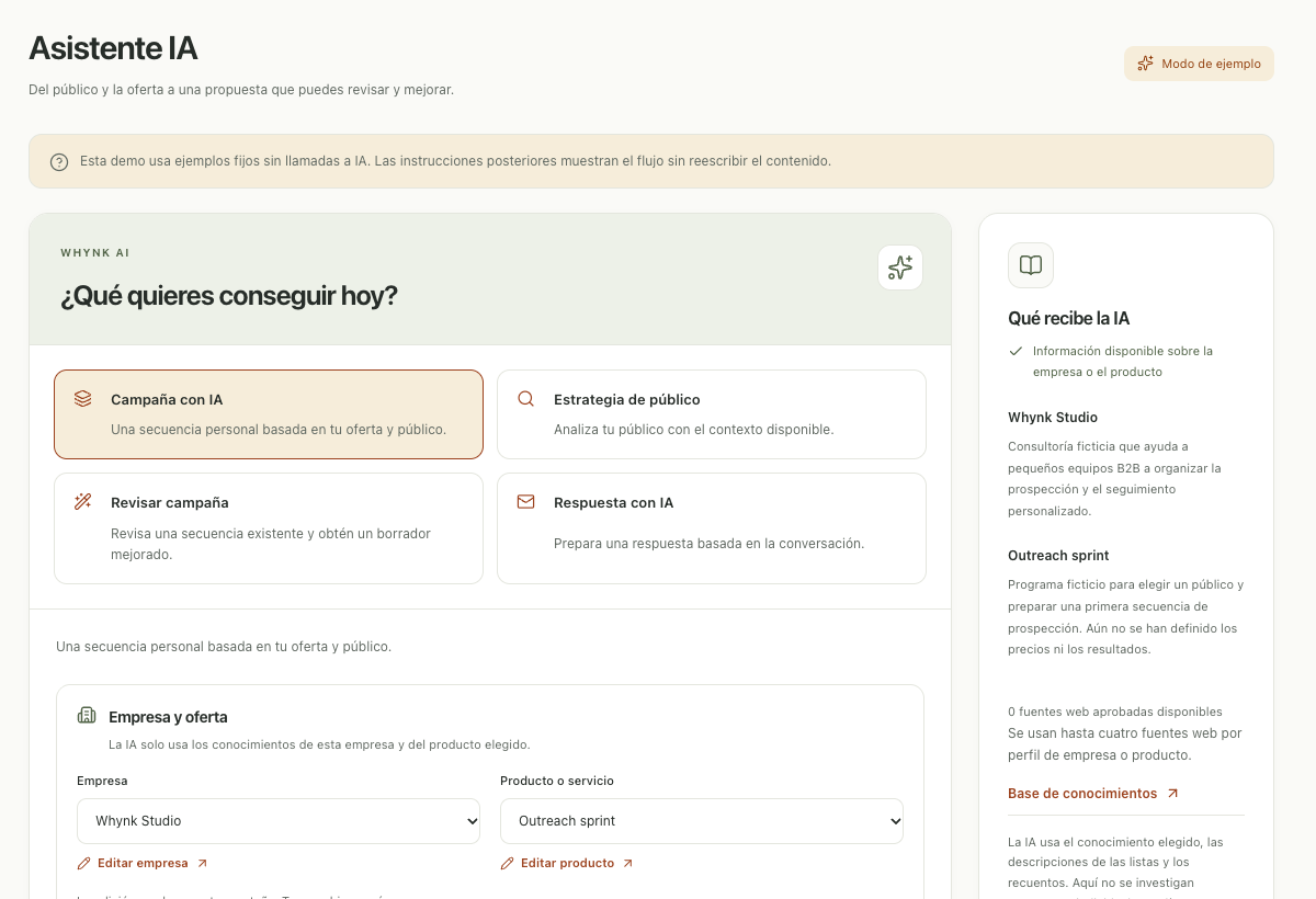 Pantalla real de Whynk con tareas de IA y conocimiento de la empresa y oferta elegidas