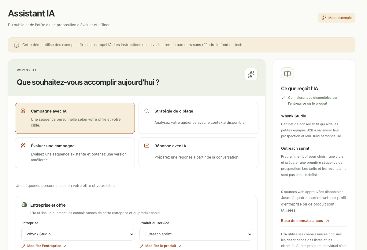 Écran réel de Whynk avec les fonctions IA et les connaissances de l’entreprise et de l’offre choisies
